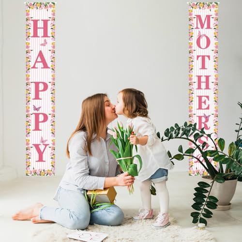 71 x 12 Inches Happy Mother's Day Door Banner Porch Sign for Doorway Yard, Floral Tulips Butterflies and Stripes Theme Decor, Outdoor Indoor Front Door Wall Large Hanging Welcome Sign Party Decoration - Image 6
