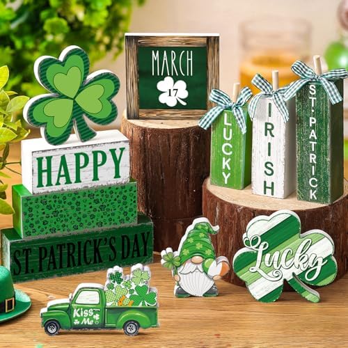 Vercraft 11 Pcs St. Patrick's Day Table Decorations Shamrocks Tiered Tray Home Decor Irish Centerpiece Decorative Wood Books Table Top Decor Clover Wooden Sign for Party Supplies - Image 2