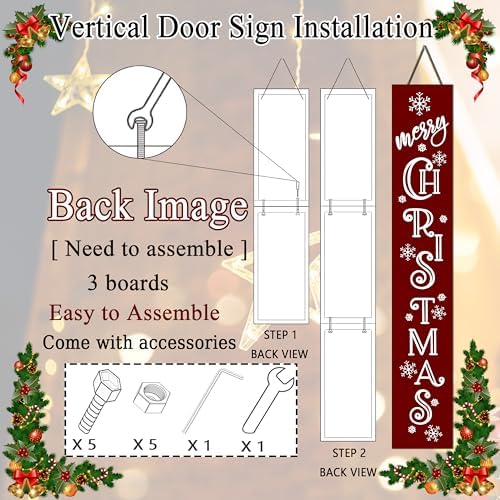 Merry Christmas Sign Xmas Front Door Hanging Decor Wooden Vertical Indoor Outdoor Porch Standing Signs For Garden Home Yard Farmhouse Porch 47.2 x 7.8 Inch - Image 3