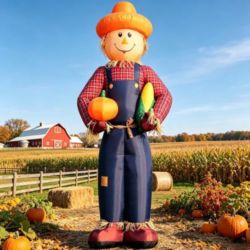DomKom 12FT Fall Inflatable Scarecrow, Scarecrow Farmer Hold Corn and Pumpkin, Harvest Thanksgiving Blow Up Decorations, Built-in LEDs for Holiday Party, Garden, Lawn, Yard, Patio Décor - Image 3