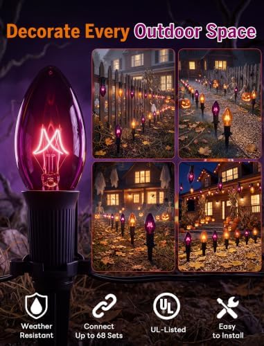C9 Outdoor Halloween Pathway Lights - 19.5Ft Orange & Black Bulbs with 10 Stakes, Connectable Waterproof Markers for Yard, Lawn & Garden Decor - Image 3
