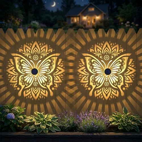 2 Pack Solar Fence Lights Metal Solar Powered Outdoor Wall Deck Step Lights Butterfly Mandala Theme Waterproof Fence Light for Garden Post Patio Backyard Yard Decor, Gardening Gifts for Women Mom by gardencave