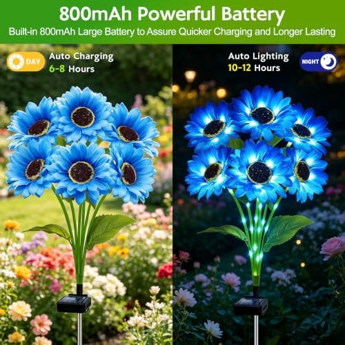 Solar Sunflower Lights Outdoor Garden Decor, 4 Pack Solar Blue Flowers Lights with 18 Sunflowers, Waterproof Fall Decor Stake Decorative Light Auto ON/Off for Garden Yard Patio, Gift for Women - Image 3