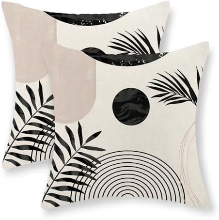 Boho Pillow Covers 18x18 Set of 2 Mid Century Black Beige Tropical Leaf Throw Pillow Covers Outdoor Modern Abstract Decorative Pillow Cases Farmhouse Linen Cushion Case Decor for Couch Sofa by JEFERSO