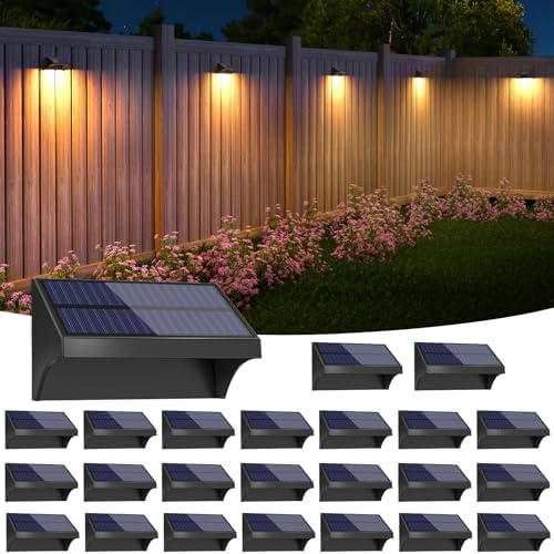 NIORSUN Outdoor Fence Lights, 24 Pack Waterproof LED Solar Fence Lights with 1500mAh Battery, Warm White/Cool White/RGB, Easy-to-Install Wall Light for Deck, Patio, Railing, Stairs, Backyard – Black by NIORSUN
