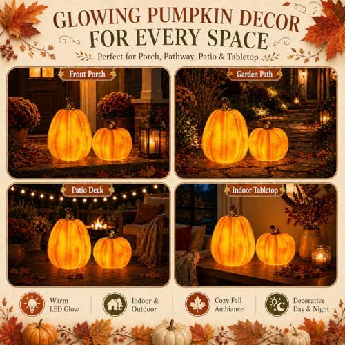 Solar Lighted Pumpkin Decor Outdoor Fall Porch Decorations for Halloween Thanksgiving Outdoor Pumpkin Lights LED Glowing Resin Pumpkins Set of 2 for Porch Patio Yard Garden Tabletop - Image 2