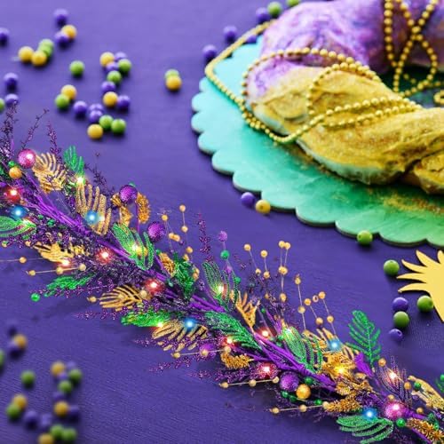 6 Ft Mardi Gras Purple Green Gold Glitter Vine Garland for Front Door Carnival Party Wreath Glitter Hanging Garland Mardi Gras Party Home Decor Garlands for Indoor Outdoor Mantle Staircase Railing - Image 4