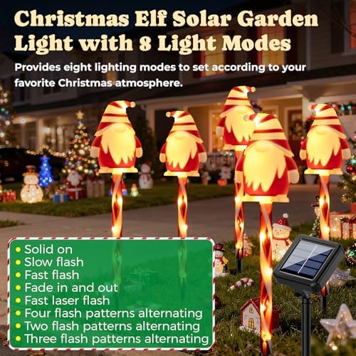 5 Packs Christmas Elf Solar Garden Light with 8 Light Modes, 15.75 Inches Tall Christmas Patio Outdoor Light, IP65 Waterproof, Auto ON/Off, Solar Xmas Light for Pathway, Courtyard - Image 2