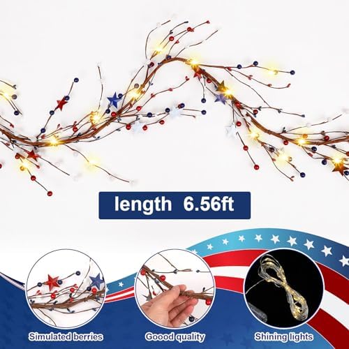 Wavwavw 59 Inches 4th of July Patriotic Garland Lighted Red White Blue Memorial Day Garland Artificial Star and Berry Lights Battery Operated 250th Anniversary Decor for Home Mantle Fireplace Table - Image 3