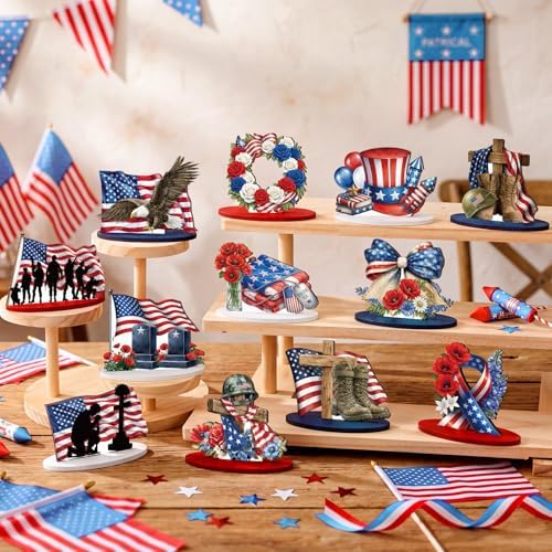Amyhill 12 Pcs Independence Day Table Decorations Wooden Tabletop Centerpiece Wooden Table Sign for Tiered Tray Fiesta Carnival Party - Image 3