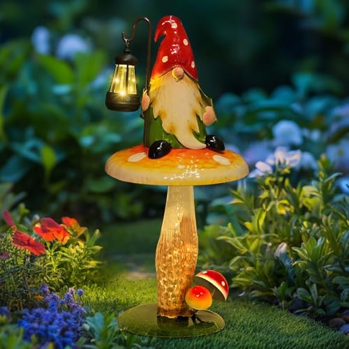 HONGLAND Solar Garden Gnomes Outdoor Statue, Waterproof Outdoor Mushroom Decor with Solar Lantern LED Lights for Yard, Patio, Lawn Ornaments, Ideal Gifts for Mom Grandm, Housewarming Gifts-16.5" by HONGLAND