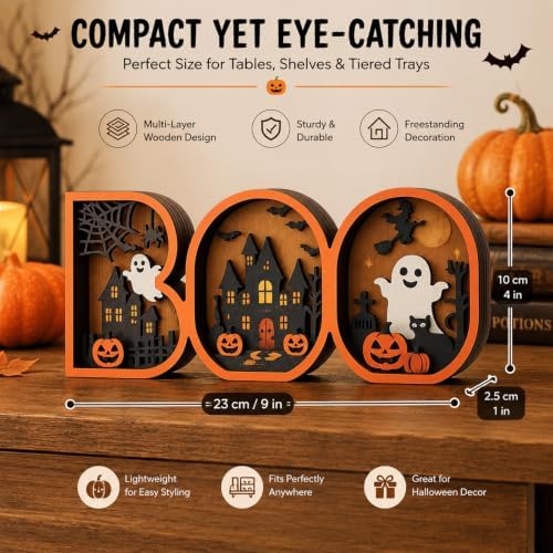 Vintage Halloween Decor 2026, 3D Wooden Cute BOO Sign, Rustic Halloween Tabletop Decor, Spooky Shelf Mantel Decoration for Home (BOO Decor) - Image 2