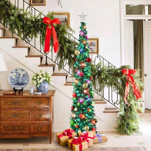 N&T NIETING Pop Up Christmas Tree with Lights & 40 Balls, 6Ft Collapsible Green Tinsel Tree Decorations, Skinny Christmas Tree for Holiday Home Office Decor, Green - Image 5
