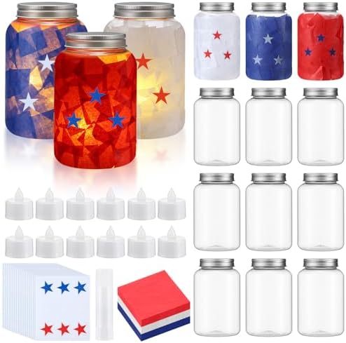 Qinyoung 12 Pcs Memorial Day Crafts Independence Day Mason Jars Craft with LED Candle Light DIY 250th Anniversary Patriotic 4th of July Decorations for Memorial Independence Projects Activity by Qinyoung