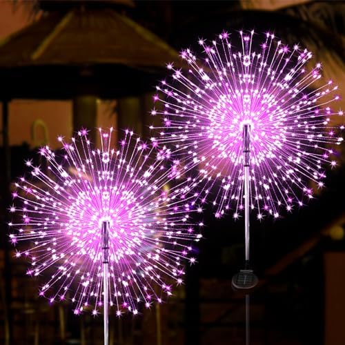 JJGoo Solar Firework Lights, 2 Pack 180 LEDs 2 Lighting Modes Solar Lights Outdoor Waterproof for Garden Patio Walkway Pathway Party Wedding Christmas Decorative - Pink by JJGoo