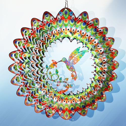 Aoedelyart Hummingbird Wind Spinner for Yard and Garden,12in 3D Wind Spinner Hummingbird Gift for Women/Mother/Father/Men,Hanging Bird Wind Catchers Kinetic Yard Art Ornaments Outdoor Wind Sculptures by Aoedelyart