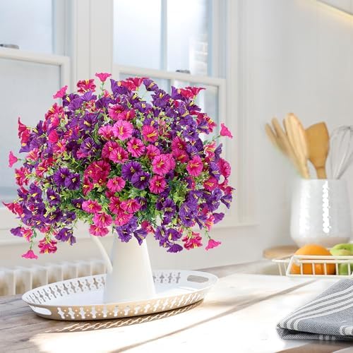 Artificial Flowers for Outdoors 12 Bundles Realistic Faux Plants UV Resistant Fake Silk Morning Glory with Eucalyptus for Front Door Planter Patio Porch Spring Summer Decoration (2 Mixed Color) - Image 4