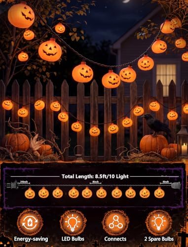 GOOTHY Halloween Pumpkin String Lights, 8.5Ft Outdoor Halloween Decorations Lights with 10 Jack-O-Lantern Lights, Hanging Pumpkin String Lights UL Listed for Party Patio Garden Window Decor - Image 2