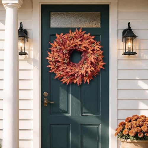 26" Artificial Fall Maple Leaves Wreath for Front Door Decoration (Orange) - Image 2