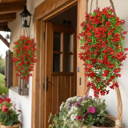 4 Pcs Artificial Hanging Flowers for Outdoors Spring Summer Faux Silk Daisy Flowers UV Resistant Realistic Fake Hanging Plants for Outside Home Indoor Planter Porch Garden Yard Decor Red - Image 6