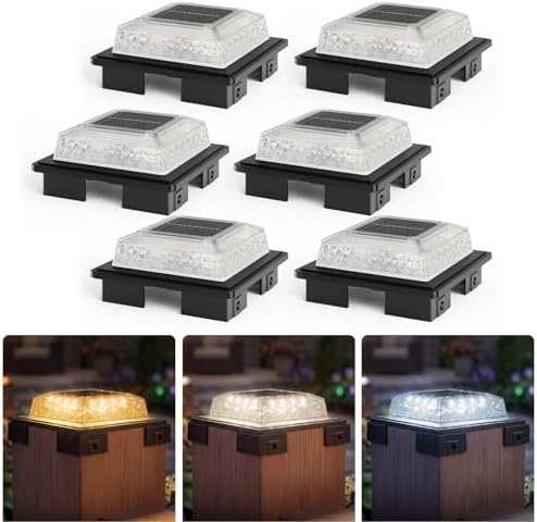 APONUO Solar Post Cap Lights, 3 Color Modes & 2 Brightness, Adjustable Base Fits 4x4 5x5 6x6 Posts (3.5-5.5 Inch), IP65 Waterproof, Deck & Fence Post Lights Solar Powered with Screws, Black, 6 Pack by APONUO