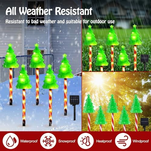 Lewondr Solar Christmas Pathway Lights, 5 PCS Solar Christmas Decorations Outdoor with 2 Lighting Modes, Xmas Tree Lights with Red Pole and Garden Stake, Waterproof Garden Lawn Patio Holiday Decor - Image 3