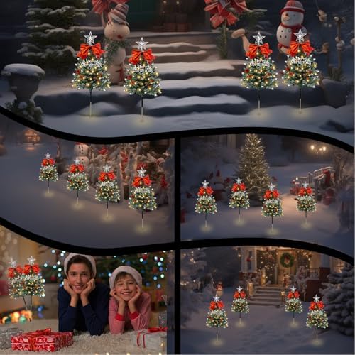 Christmas Tree Solar Pathway Lights Outdoor Decor, 4 Pack, Snowy - Image 7