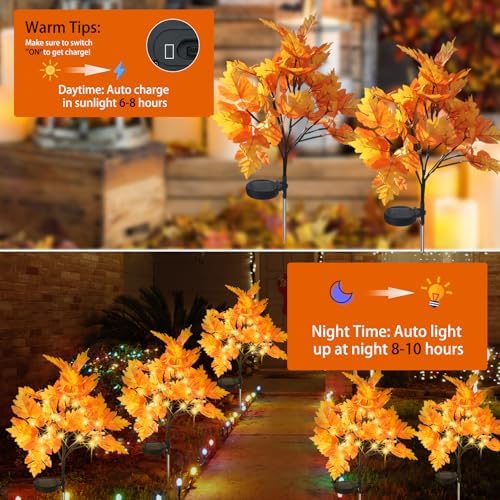 2 Packs Solar Prelit Fall Tree Lights for Outdoor Thanksgiving Decorations, 2 Modes Thanksgiving Solar Lights, Waterproof Maple Tree Solar Fall Lights for Fall Yard Patio Garden - Image 3