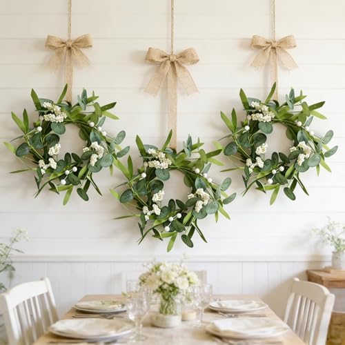 12 Pcs Green Artificial Eucalyptus Swag Wreaths Spring Summer Wreath with White Berries Mini Green Kitchen Cabinet Wreaths with Ribbon for Front Door Porch Wall Window Farmhouse Decoration - Image 4