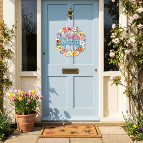 Yalikop Hello Spring Door Sign Door Wreath Wooden Spring Decor Sign Hollow Flower Welcome Hanging Signs Rustic Farmhouse Wall Plaque for Home Room Bedroom Indoor Outdoor Decorations - Image 4