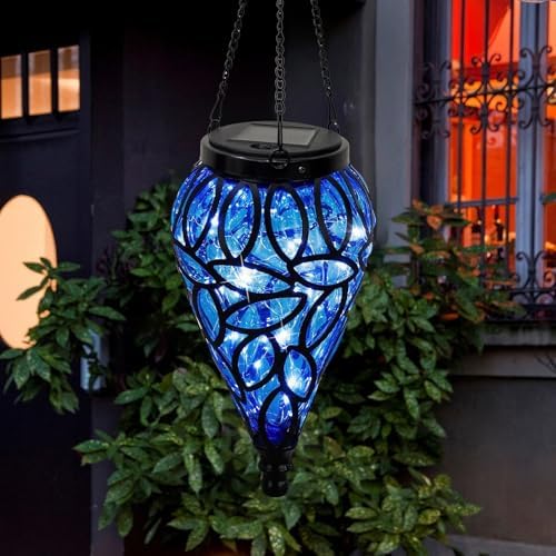 Solar Hanging Lantern Outdoor Lights, Solar Lanterns Decorative Outdoor,Tear-Shaped 15 LEDs Cool White Hanging Lights with S Hooks Decor in Garden, Yard, Pathway, Front Door, Blue - Image 6