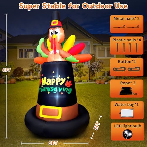 8FT Thanksgiving Inflatables Outdoor Decoration Inflatable Turkey Sits on Pilgrim Hat, Built in LED Lights Blow Up Yard Decorations for Fall Holiday Party Garden Lawn Décor - Image 4