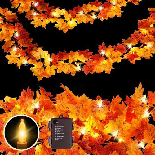 2Pack Fall Garland with Lights Battery Operated,9.8FT 50 Orange Bulbs Lighted Fall Leaves Garland,Fall Decorations for Home Thanksgiving,Halloween,Fireplace，Mantel,Porch,Table Decor Indoor Outdoor by Wabarle