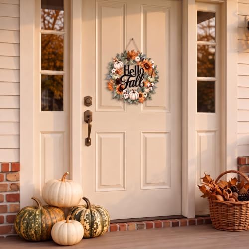 Yalikop Hello Fall Door Sign Wreath Wooden Fall Autumn Decor Sign 3D Hollow Maple Leaf Pumpkin Front Door Hanger Wall Decor for Thanksgiving Harvest Porch Indoor Outdoor Home Decorations - Image 4