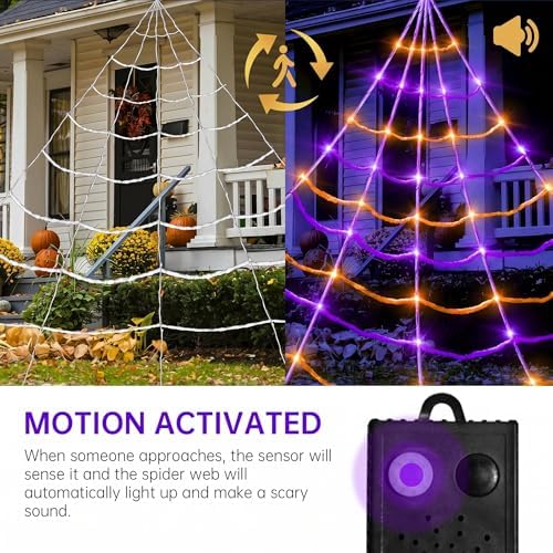 [Motion Activated Lighting&Speaking] 5Ft Giant Spider 20 * 17FT Halloween Spider Web 150 Led Purple&Orange Lights Light Up Lighted Waterproof with 200sqft Cobweb for Outdoor Decor Yard Decoration - Image 5