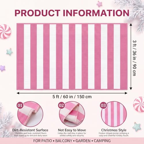 Duraaamo Christmas Pink Striped Rug 3' x 5' for Candyland Outdoor Decor - Image 2
