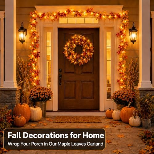 10Ft 50 LED Fall Garland with Lights Battery Operated,Timer Fall Decorations for Home with Orange Bulbs,Fall Lighted Garland for Table Porch Thanksgiving Harvest Halloween Indoor Outdoor Décor - Image 2