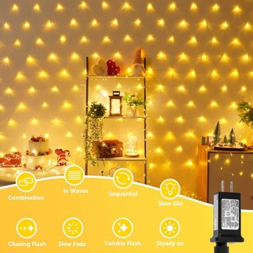 YEGUO Net Lights Outdoor Mesh Lights, 12ft x 5ft 360 LED Warm White String Light Outdoor Waterproof for Pool, 8 Modes Connectable Clear Wire Christmas Bush Light Plug in - Image 3