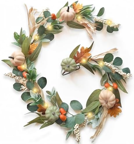 2Pcs Fall Garland with Lights Fall Decorations for Home 6Ft, Autumn Fake Pumpkin Berry Maple Leaves Garland for Mantle Halloween Harvest Thanksgiving Fireplace Party, Fall Decor Outdoor Indoor Porch - Image 3