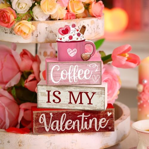 Lineshading 4 Pcs Valentine Coffee Wood Block Signs, Tiered Tray Decor - Image 2