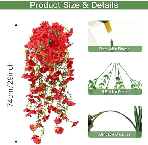 Artificial Flowers for Outdoors Fake Morning Glory Hanging Flower Decoration, 2 Pcs Realistic Faux Plants Petunias Trailing Vines, Spring Summer Decor for Porch Patio Balcony Planter Yard(Red) - Image 2