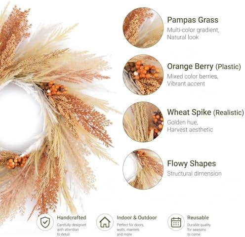 DecorbyHannah 18'' Neutral Fall Pampas Wreath with Lights for Front Door - Image 3