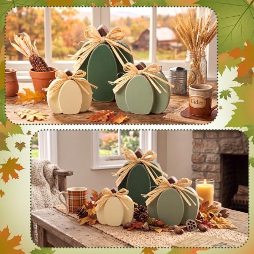 Ferraycle 3 Pcs Fall Pumpkin Decor Fall Wooden Signs 3D Pumpkin Tabletop Decor Farmhouse Sign Rustic Tiered Tray Decorations Block Centerpiece Standing Sign for Home Kitchen Harvest (Dark Green) - Image 4