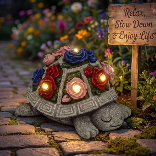 Solar Garden Decor Outdoor Turtle Statue with Multi-Color Rose Flowers & 7 LED Lights – Outside Tortoise Decoration for Lawn Yard Patio Backyard - Home House Art - Gift for Men Dad Women Mom - Image 6