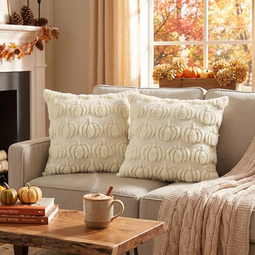AVOIN colorlife Beige Fall Pumpkin Throw Pillow Covers 16x16 Inch - Image 2