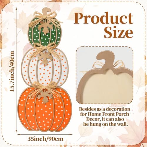 Threehoney 35 Inch Fall Stacked Pumpkins for Porch Wooden Outdoor Standing Pumpkin Decor Thanksgiving Harvest Farmhouse Sign for Yard Front Door Garden Patio Outdoor(Polka Dot,Pastoral Color) - Image 2