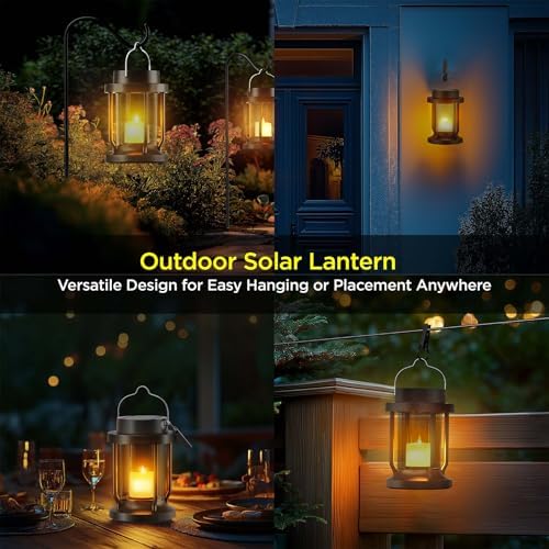 Solar Lantern Outdoor & Indoor Use – Hanging Solar Lights with Realistic Flickering Flameless Candle, Weatherproof for Gardens, Patios, Trees, and Lawns (Black + Gray, 2 Pack) - Image 6