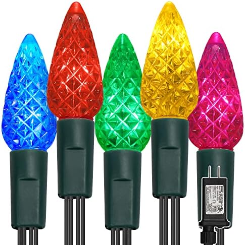 WATERGLIDE C6 Christmas Lights, 33ft 100 LED Faceted String Lights Green Wire Fairy Lights with 29V Safe Adaptor, 8 Lighting Mode, Waterproof for Indoor Outdoor Patio Xmas Tree Party Decor, Multicolor by WATERGLIDE