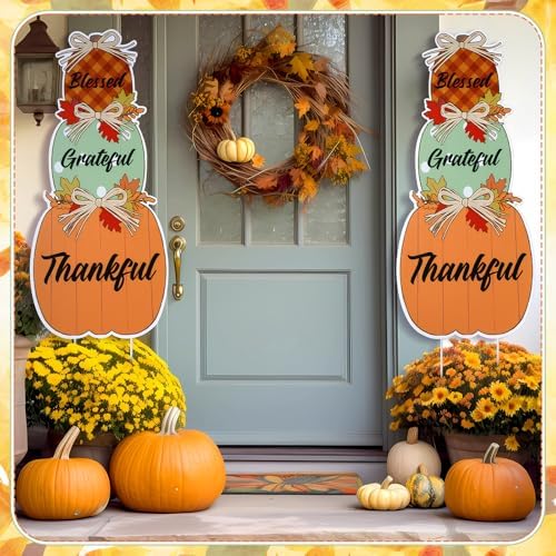 Thyle 2 Pcs Large Fall Front Porch Decoration Outdoor Pumpkin Porch Sign Yard Stake Outside Autumn Garden Stakes Harvest Welcome Decor Blessed Thankful Yard Signs for Front Door Garden Patio Lawn - Image 7