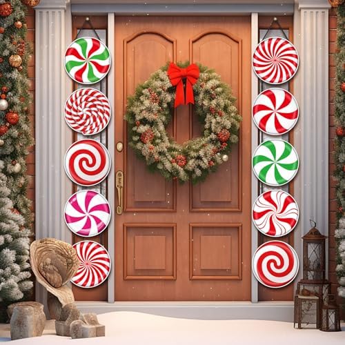 Yaomiao 2 Sets Christmas Candy Porch Sign Xmas Colorful Peppermint Candy Door Banner Home Hanging Decor Outdoor Indoor Banner Wall Hanging for Christmas Party Supplies - Image 3